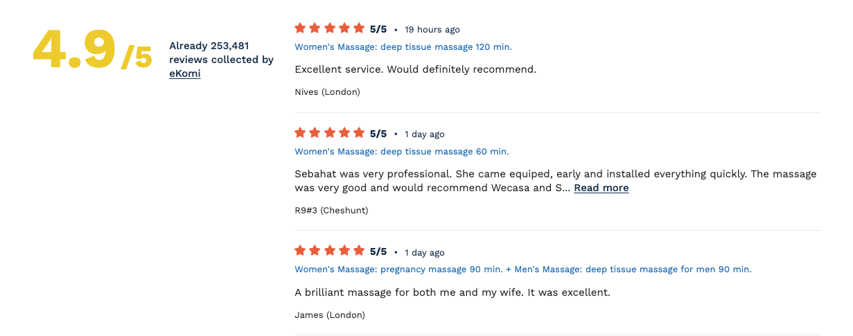 Wecasa Massage Reviews - rated 4.9 out of over 182,000 reviews